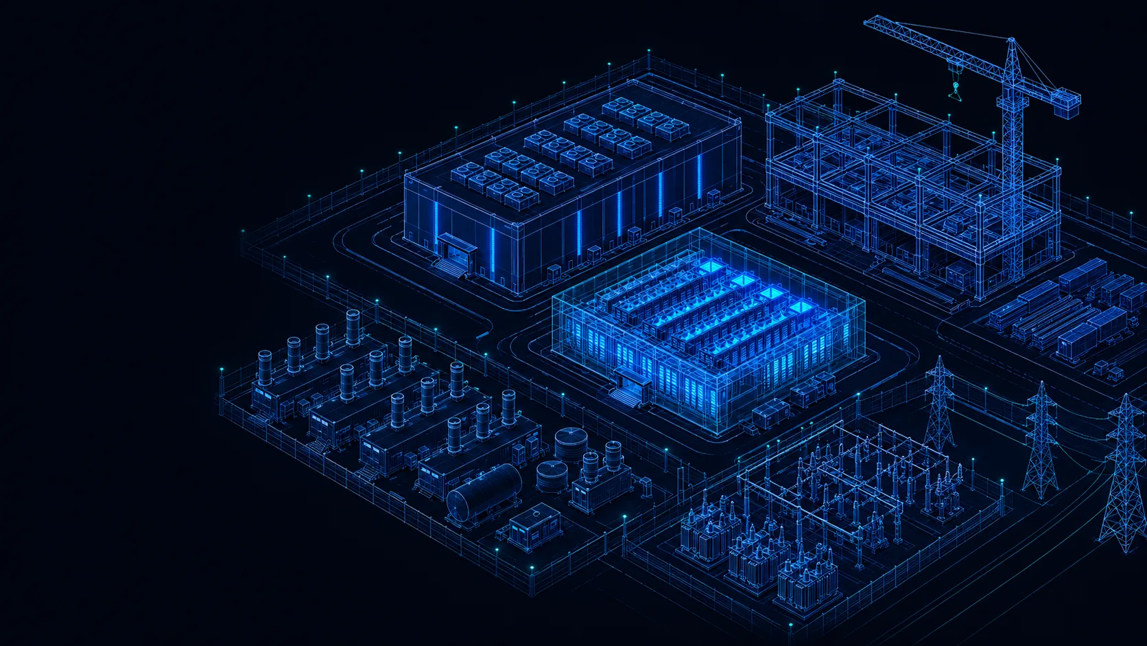Isometric illustration of a data center campus program: an energized hall, a building in commissioning, a steel frame under a tower crane, generator yard, and substation