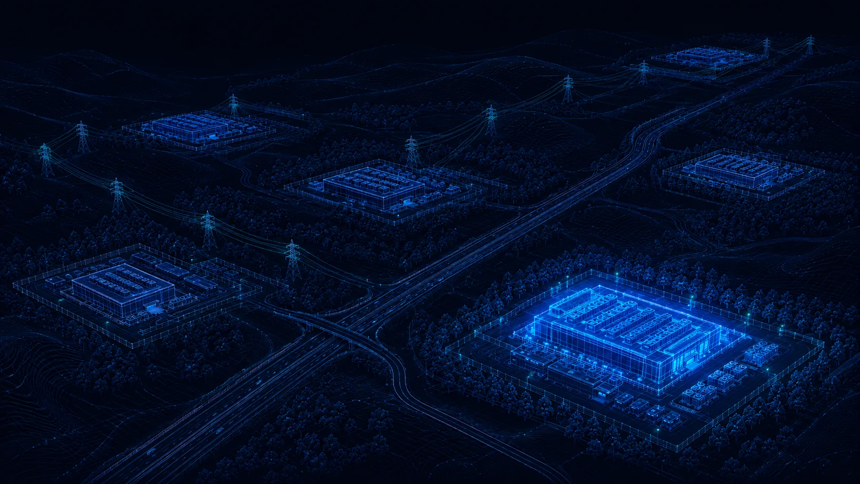 Illustration of a data center corridor: fenced campuses with tree buffers along a highway, connected by transmission lines