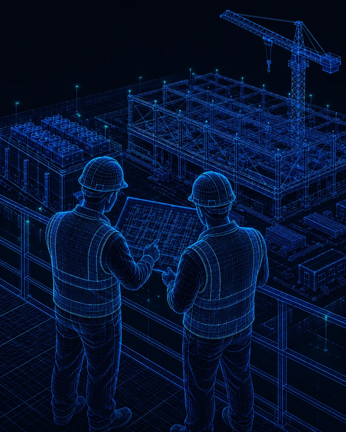 Illustration of two construction leaders in hard hats reviewing drawings above an active data center site with a steel frame and tower crane